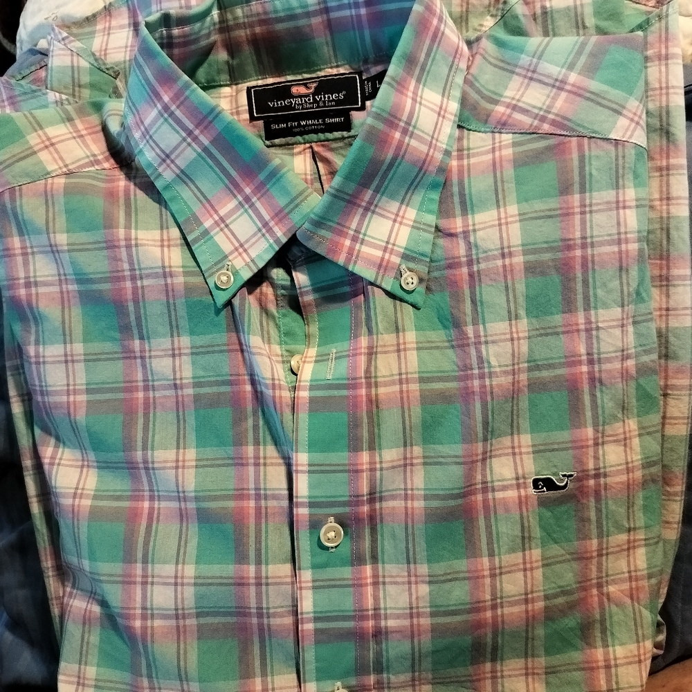 Vineyard Vines Men's Teal and Pink Plaid Shirt